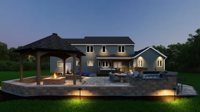 Rendering of the Sternat Residence: gazebo and terrace at dusk