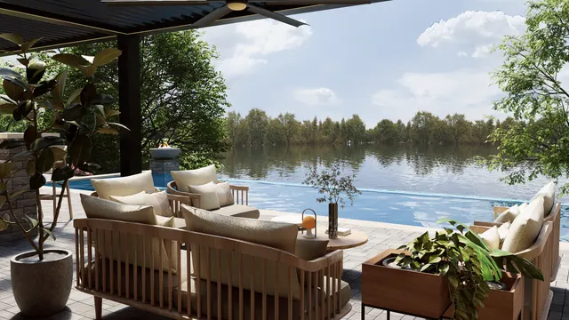 Rendering of a covered lounge beside a pool looking out over the lake