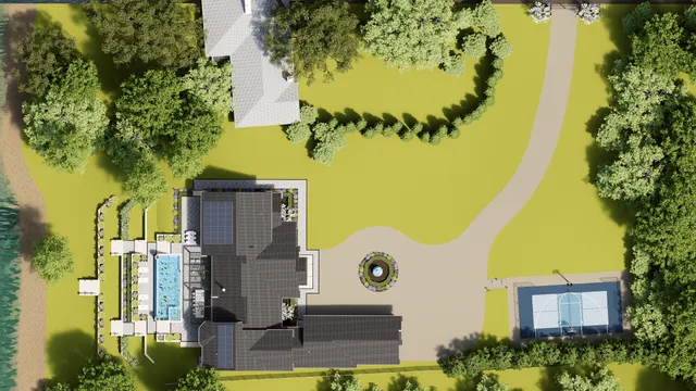 Aerial rendering of the whole property showing the pool, motor court, fountain and sport court