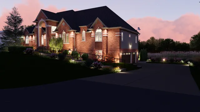 Dusk rendering of the house with the front of the house and the beds lit