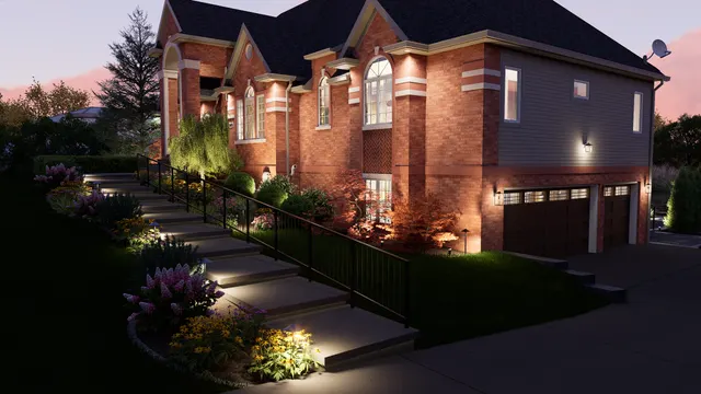 Dusk rendering of the step walk with each tread and the beds lit