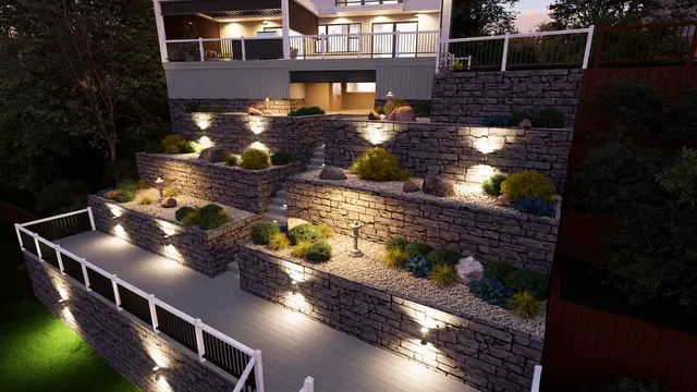 Night rendering of tiered stone retaining walls with gravel planting beds and the deck above