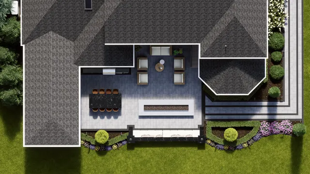 Plan view rendering of the terrace showing the dining table, the lounge seating and the border beds