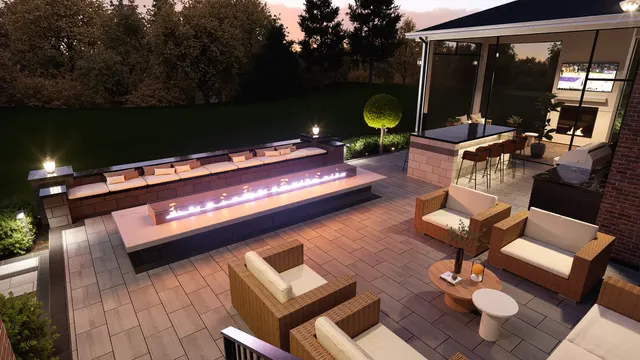 Dusk rendering of the terrace with the fire table burning and the bar lit