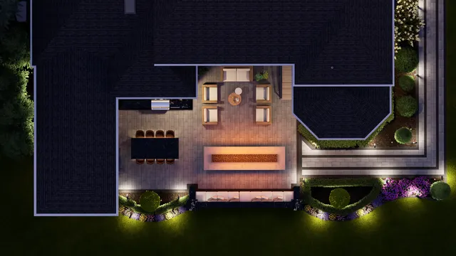 Night plan view rendering with the fire table and the border beds lit