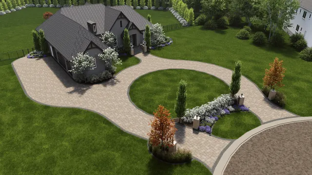 Aerial rendering of the paver drive looping around a planted island with columnar trees
