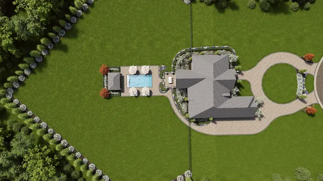 Plan view rendering of the property showing the pool, cabana and loungers behind the house