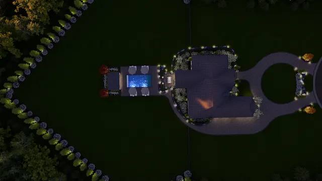 Night plan view rendering with the pool lit blue and the drive and beds lit