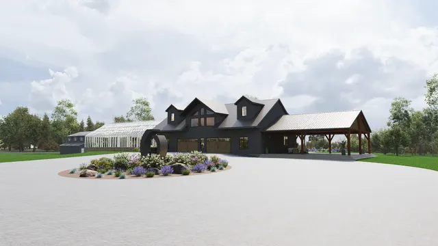 Rendering of the house and attached greenhouse across the motor court with a planted island bed