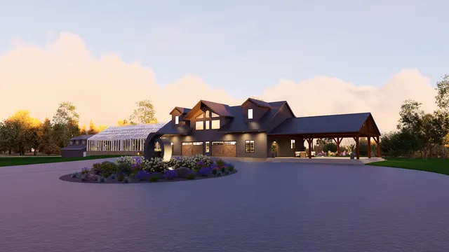 Dusk rendering of the house and motor court with the island bed lit