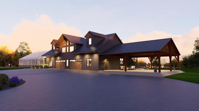Dusk rendering of the pavilion and the garage doors lit from under the roof