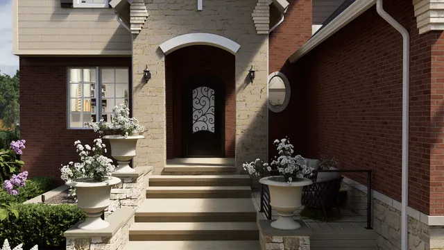 Rendering of the stone front entry steps with urn planters either side