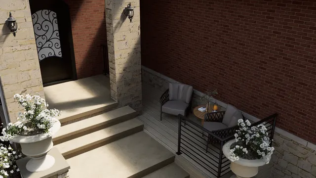 Rendering looking down on the entry steps and the raised deck with two chairs and a table