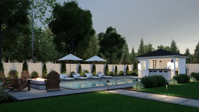 Rendering of the Matthews Residence: cabana bar at dusk