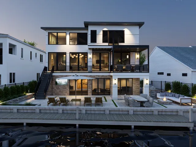 Rendering of the Zefferino Residence: the rear terrace at dusk