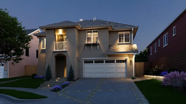 Rendering of the Santacruz Residence: the front at dusk