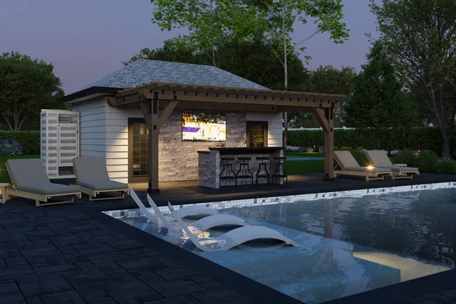 Rendering of the pool with the swim-up bar and cabana