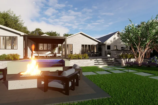 Dusk rendering of the fire pit lounge with seating