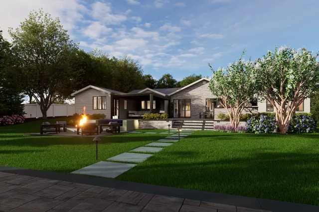 Dusk rendering of the rear elevation with the lighting scheme running
