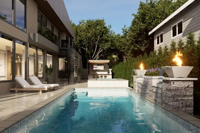 Rendering of the pool with a raised stone spa wall