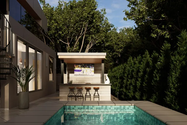 Rendering of the covered outdoor bar with stools