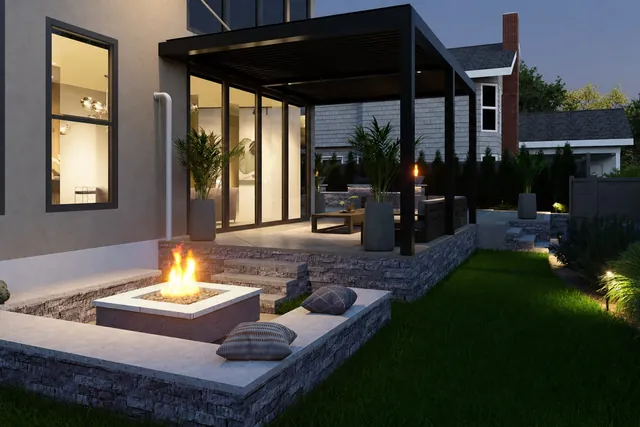 Dusk rendering of the sunken fire pit lounge beside the glazed wall