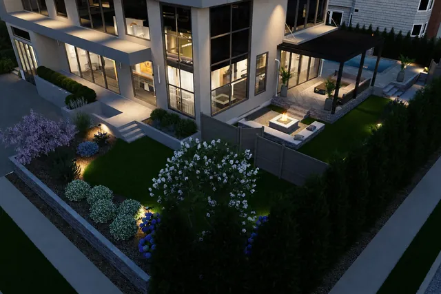 Aerial dusk rendering of the whole rear yard