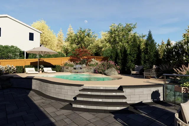 Rendering of the freeform pool raised on a stone retaining wall