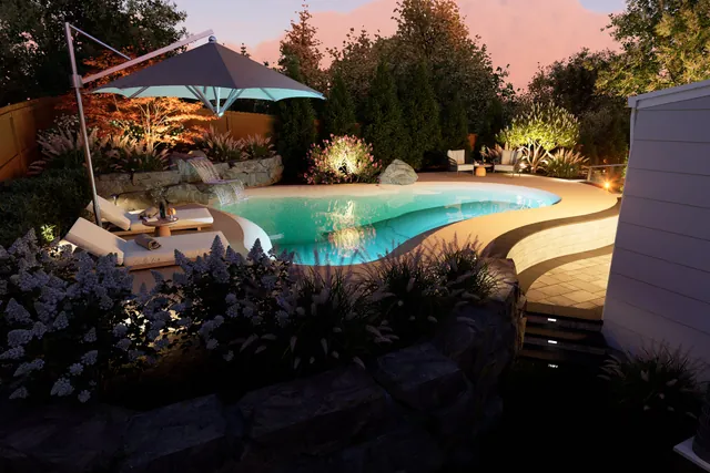 Night rendering of the pool lit from within