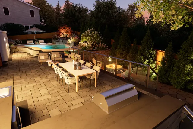Night rendering of the dining terrace with the outdoor kitchen