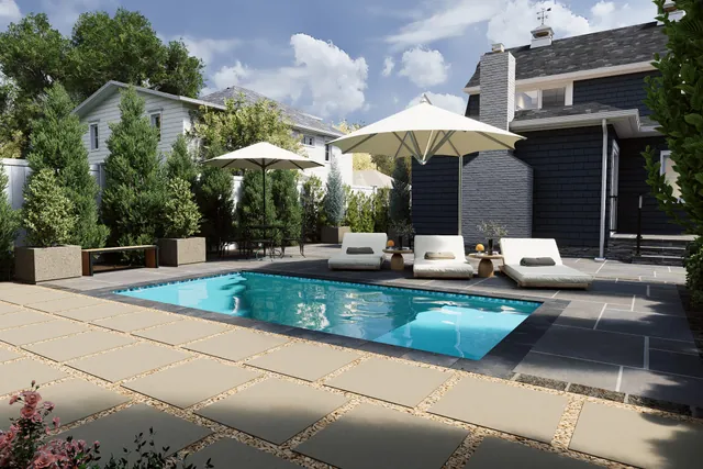 Rendering of the pool with umbrellas and loungers on the terrace