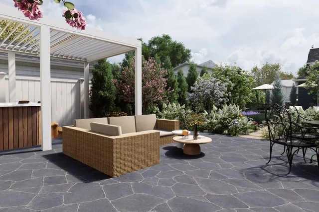 Rendering of the white pergola over the outdoor kitchen