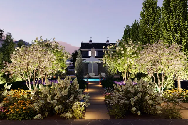 Dusk rendering of the garden borders in flower