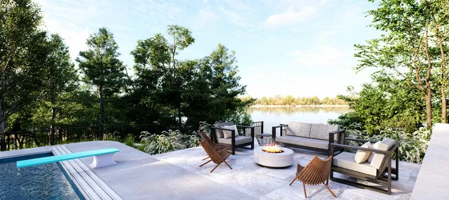 Rendering of the Hammerberg Residence: fire pit lounge and the lake
