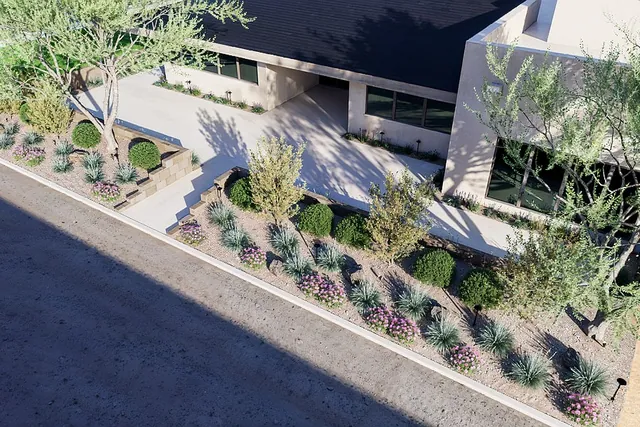 Rendering of the raised board-formed planters with desert planting