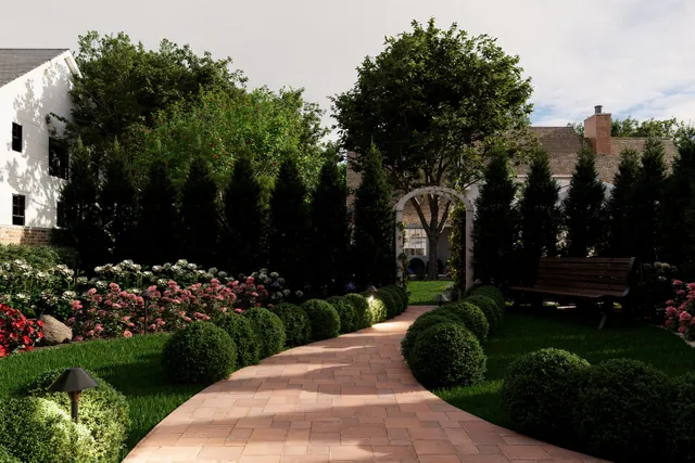 Rendering of the clipped boxwood parterre walk