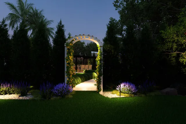 Night rendering of the planted arbour lit from below