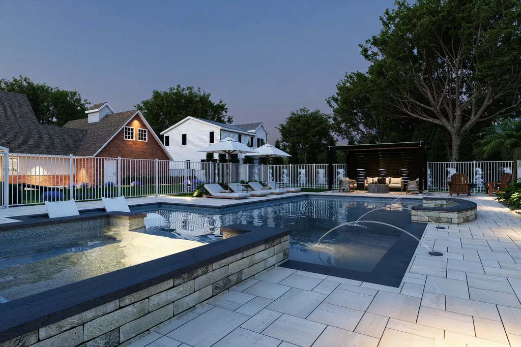 Aerial rendering of a finished pool terrace at dusk, with spa, loungers and planting beds