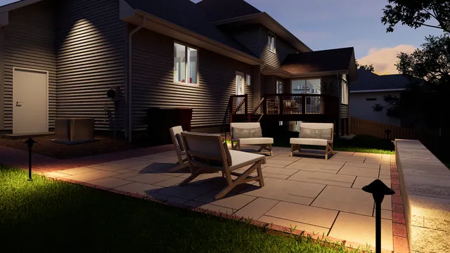 Rendering of the Allen Residence: rear patio at dusk