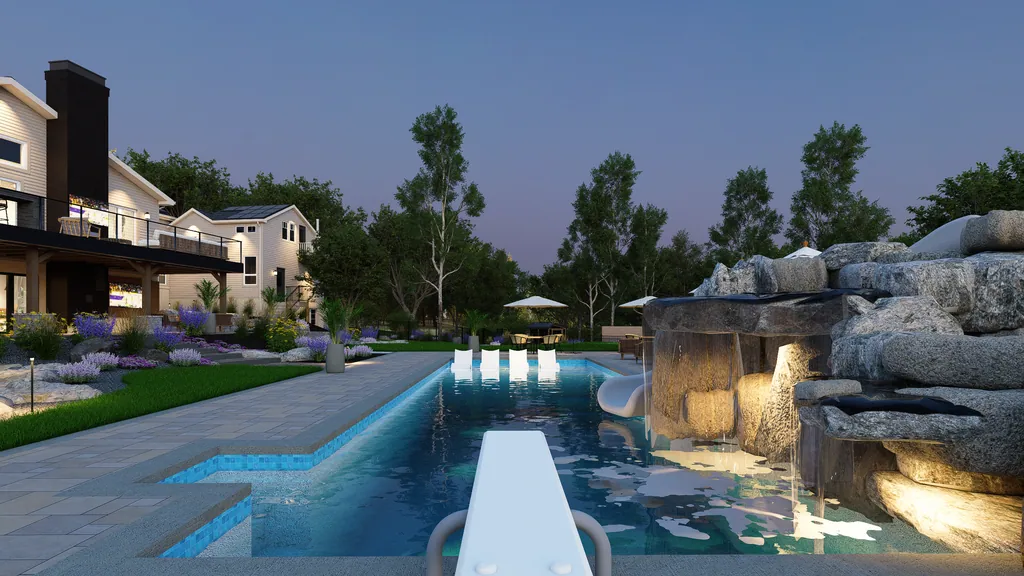 Rendering of the Lin Residence: pool with grotto, waterfall and slide