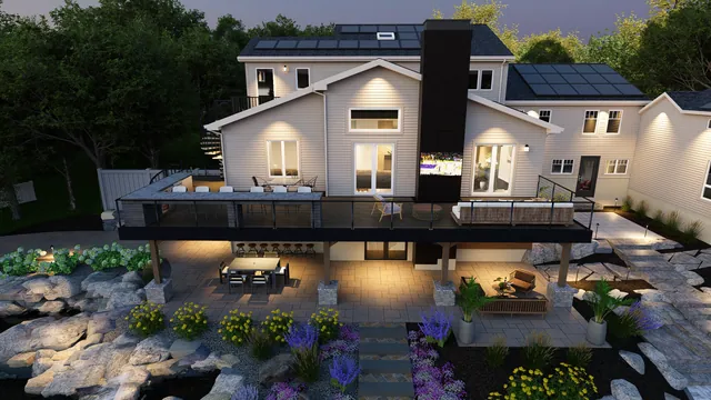 Rendering of the Lin Residence: raised deck over the lit terrace at dusk