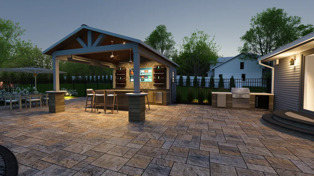 Rendering of the Rodgers Residence: pool pavilion at dusk