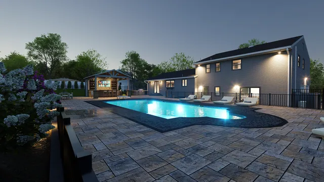 Rendering of the Rodgers Residence: pool and house at dusk