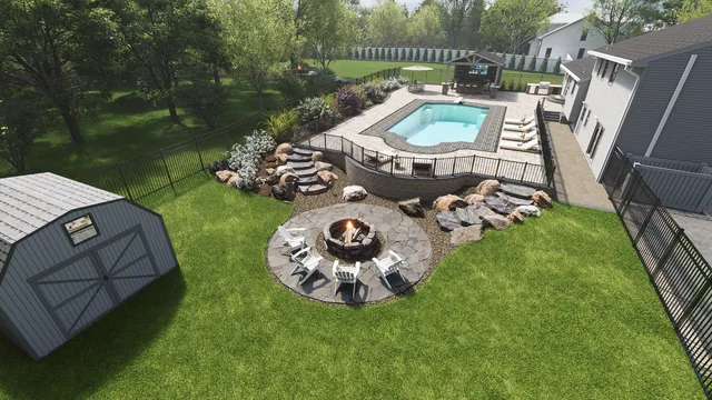 Rendering of the Rodgers Residence: fire pit circle and pool from above
