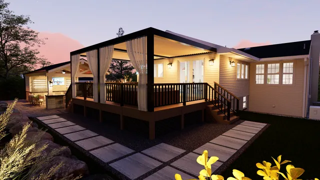 Rendering of the Wilkie Residence: pergola deck at dusk